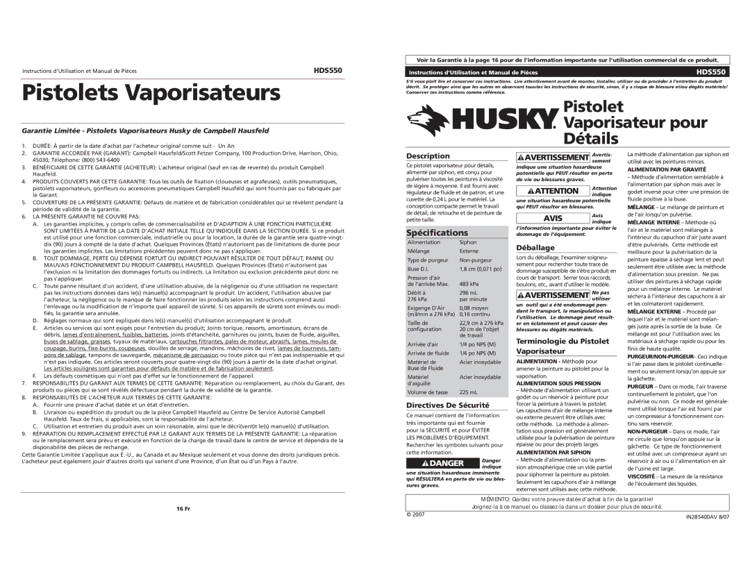 Husky HDS550 Spécifications, Description, Directives De Sécurité, Déballage, Terminologie du Pistolet Vaporisateur 