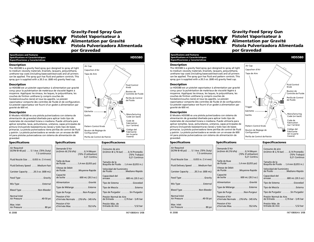 Husky HDS580 specifications Description, Descripción, Specifications Spécifications Especificaciones 