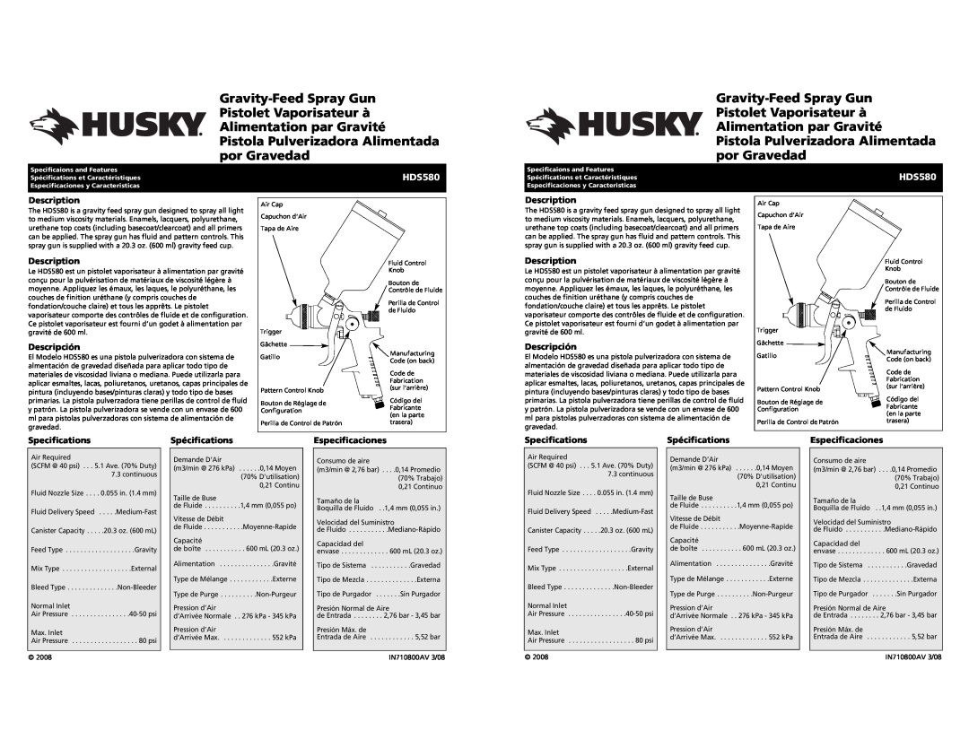 Husky HDS580 specifications Gravity-Feed Spray Gun 