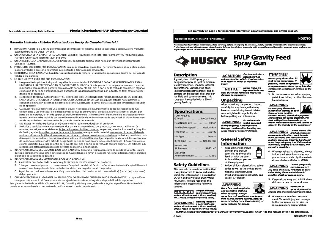Husky HDS790 specifications Description, Specifications, Safety Guidelines, Unpacking, General Safety Information, Danger 