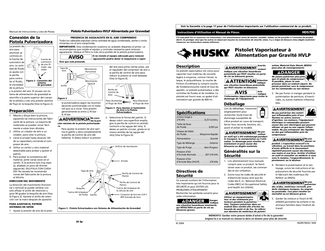 Husky HDS790 Aviso, Pistolet Vaporisateur à Alimentation par Gravité HVLP, AVIS Avis, DANGER Danger, Conexión de la, 20 Sp 