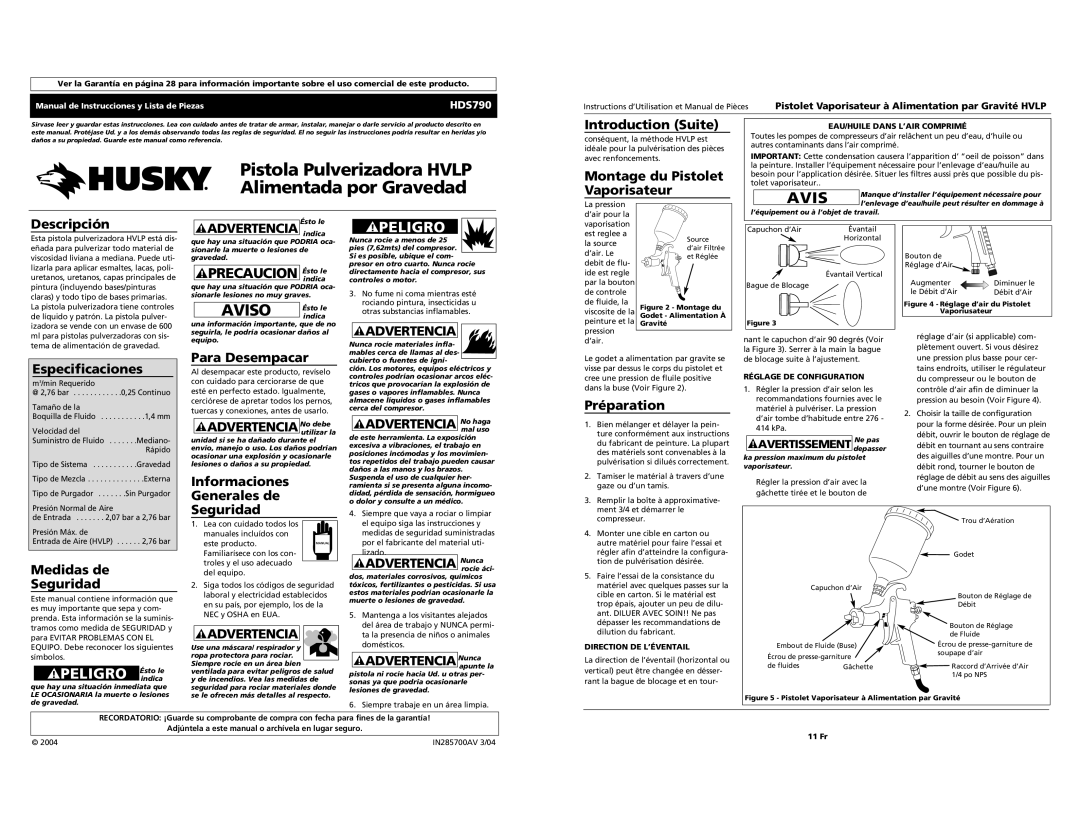 Husky HDS790 Introduction Suite, Montage du Pistolet, Vaporisateur, Descripción, Especificaciones, Medidas de Seguridad 