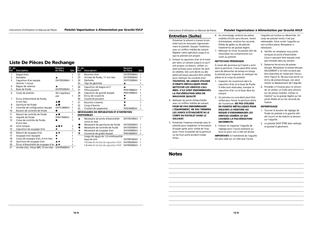 Husky HDS790 specifications Liste De Pièces De Rechange, Entretien Suite 