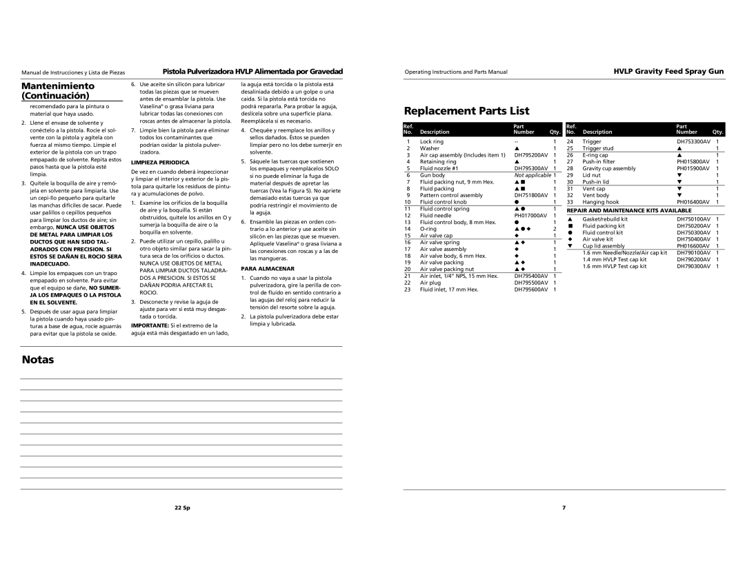 Husky HDS790 specifications Replacement Parts List, Notas, Mantenimiento Continuación 