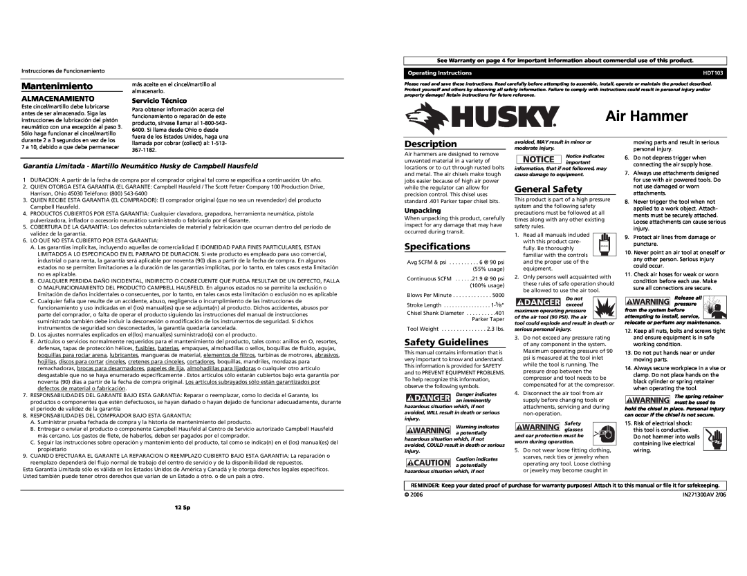 Husky HDT103 specifications Air Hammer, Mantenimiento, Description, Specifications, Safety Guidelines, General Safety 