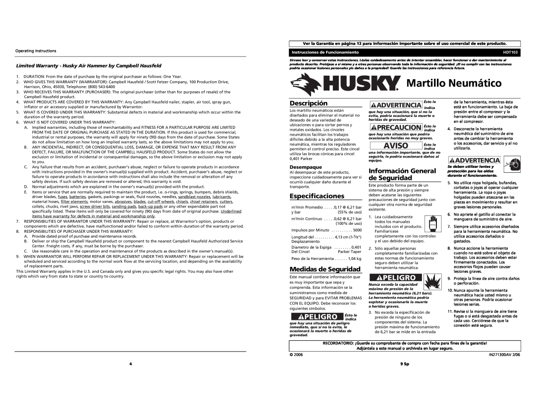 Husky HDT103 Martillo Neumático, PELIGRO Ésto le, PRECAUCION Ésto le, Peligro, Descripción, Especificaciones, Desempaque 