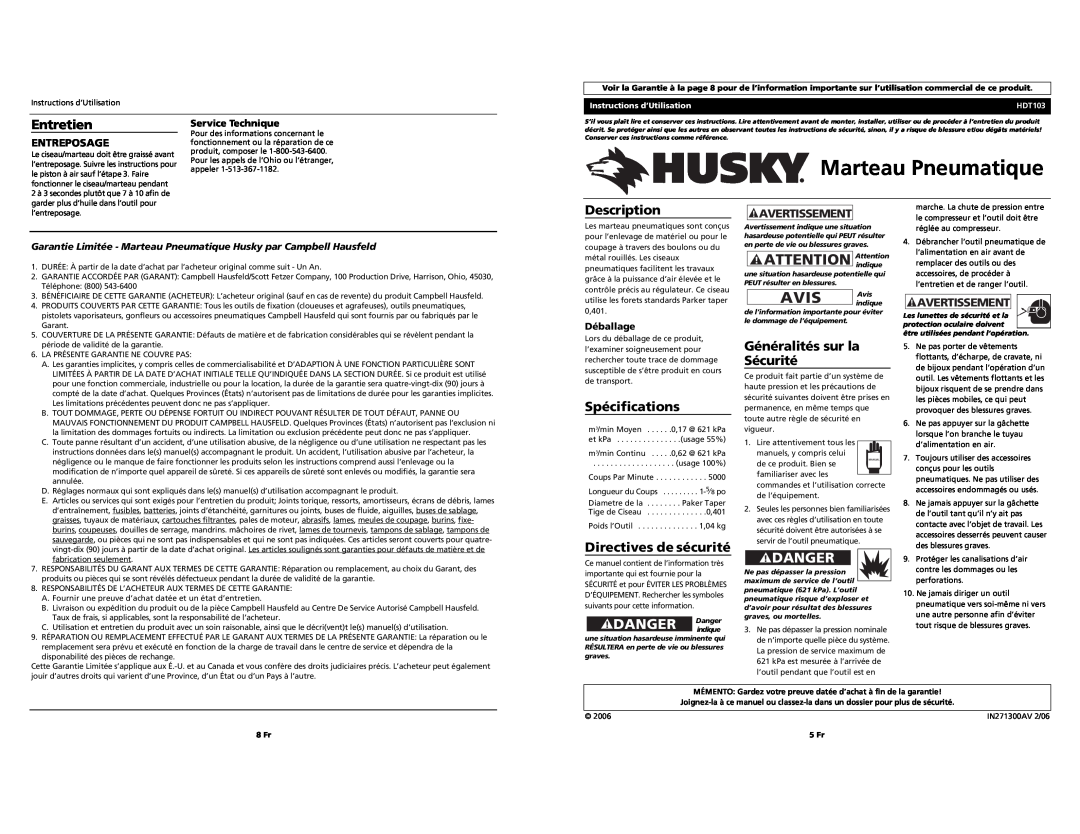 Husky HDT103 Marteau Pneumatique, AVIS Avis, DANGER Danger, ATTENTION Attentionindique, Entretien, Spécifications, 8 Fr 