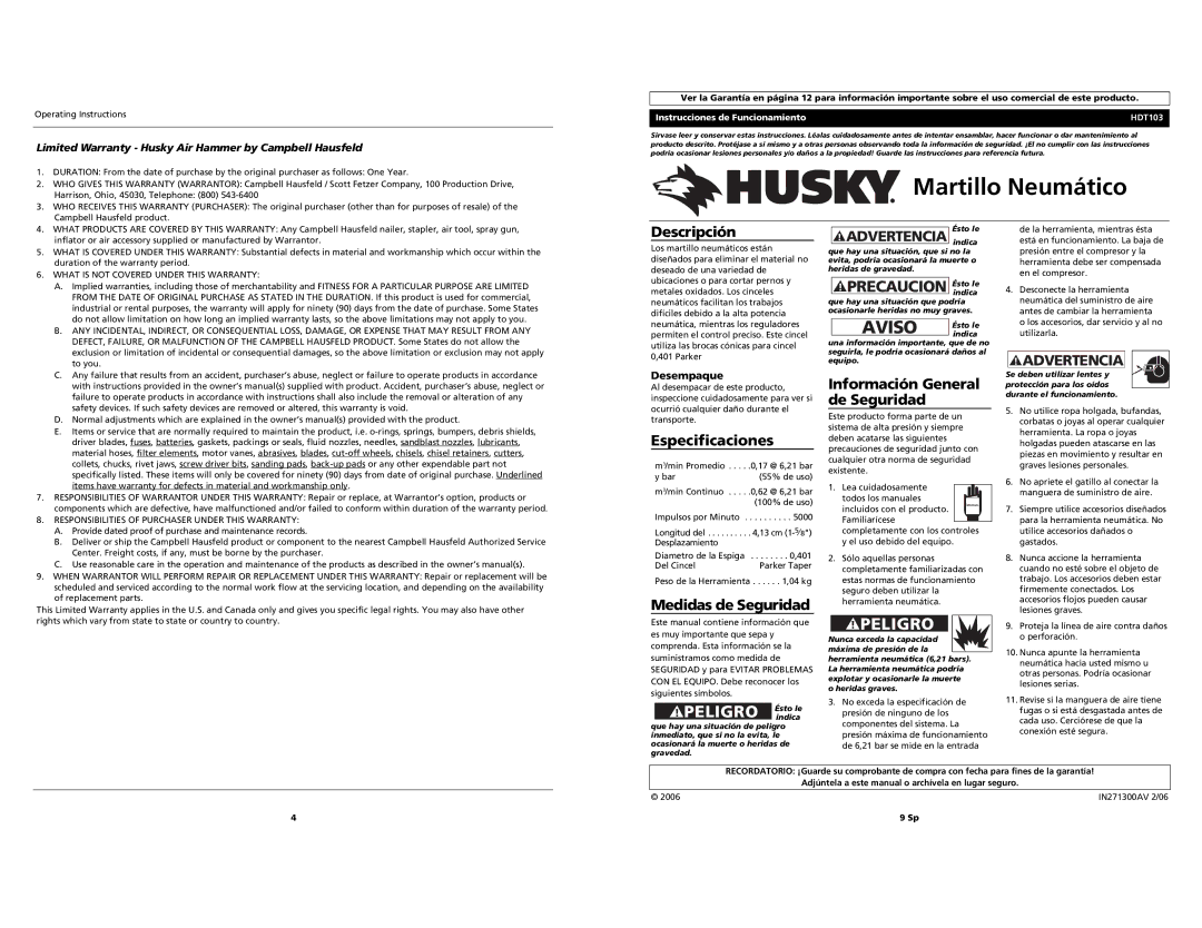 Husky HDT103 Martillo Neumático, Descripción, Especificaciones, Medidas de Seguridad, Información General de Seguridad 