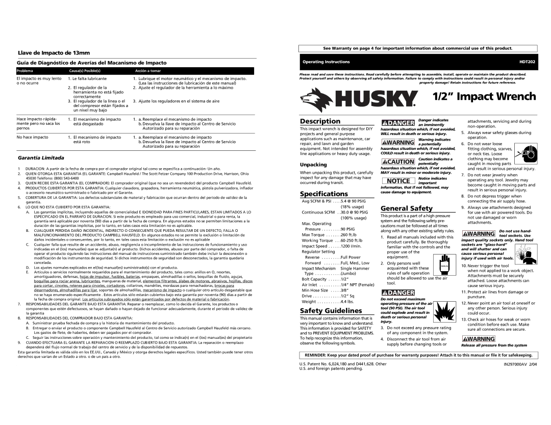 Husky HDT202 specifications Impact Wrench, Description, Specifications, Safety Guidelines, General Safety 