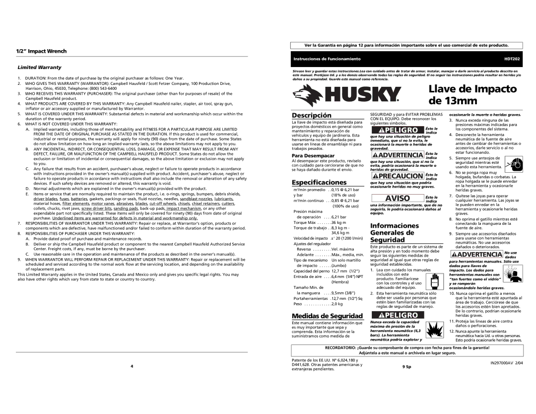 Husky HDT202 specifications Llave de Impacto de 13mm, Aviso 