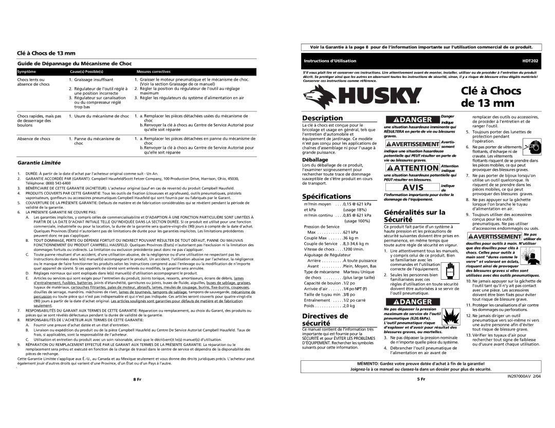 Husky HDT202 specifications Avis, Spécifications, Directives de sécurité, Généralités sur la Sécurité, Garantie Limitée 