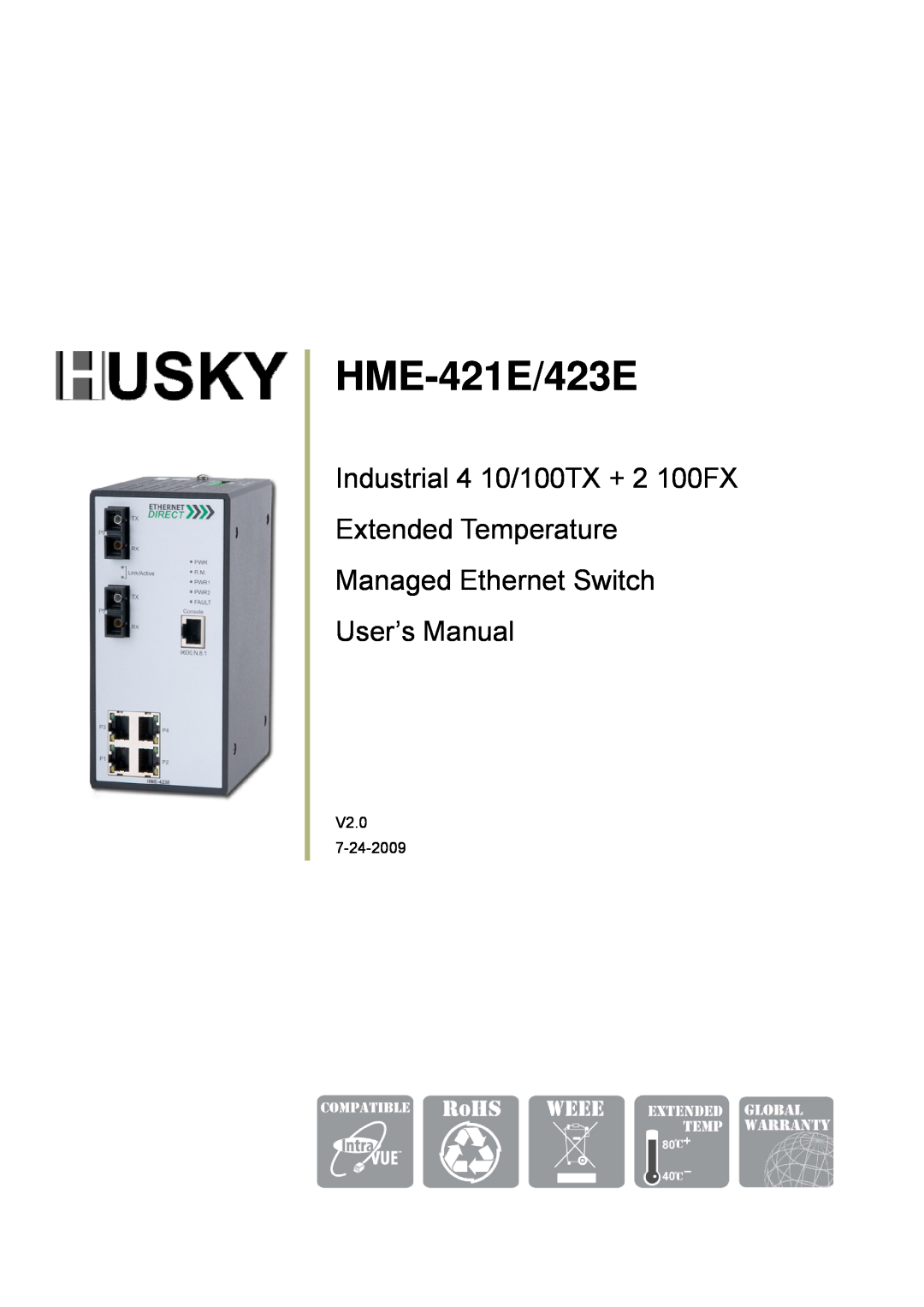 Husky HME-423E user manual HME-421E/423E, Industrial 4 10/100TX + 2 100FX Extended Temperature 