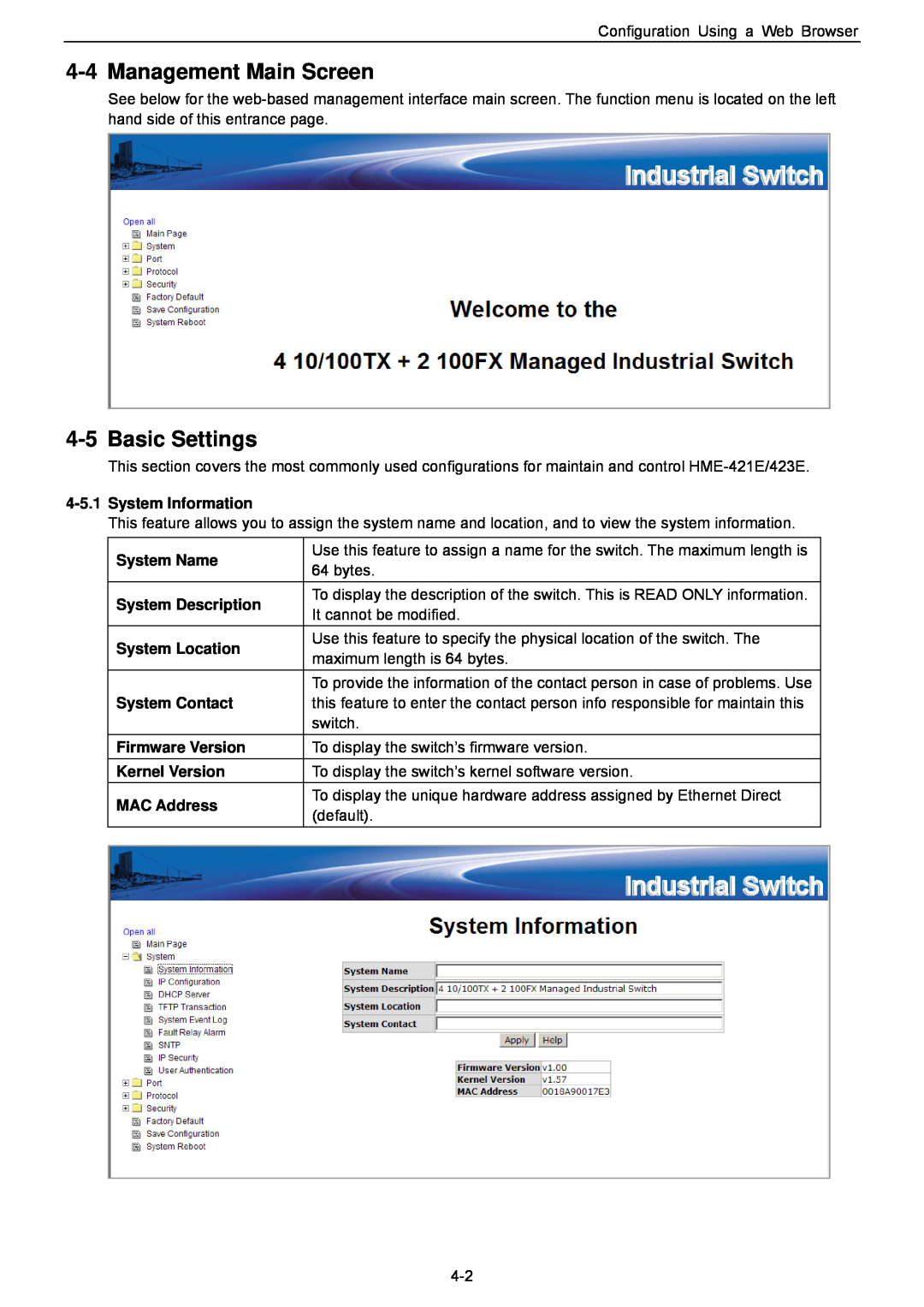 Husky HME-421E Management Main Screen, Basic Settings, System Information, System Name, System Description, System Contact 