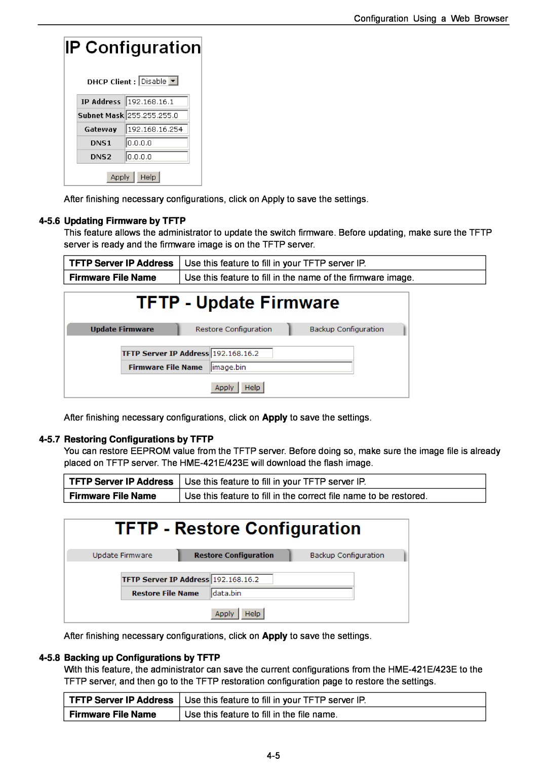Husky HME-423E, HME-421E Updating Firmware by TFTP, Restoring Configurations by TFTP, Backing up Configurations by TFTP 