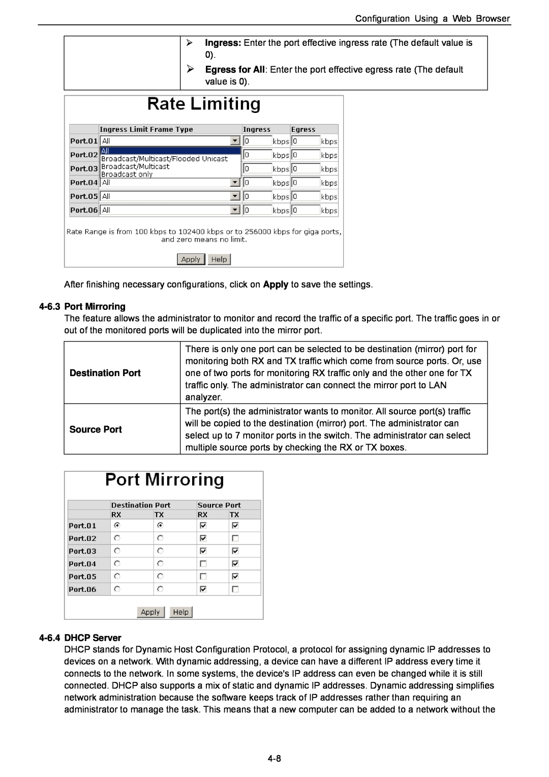 Husky HME-421E, HME-423E user manual Port Mirroring, Destination Port, Source Port, DHCP Server 