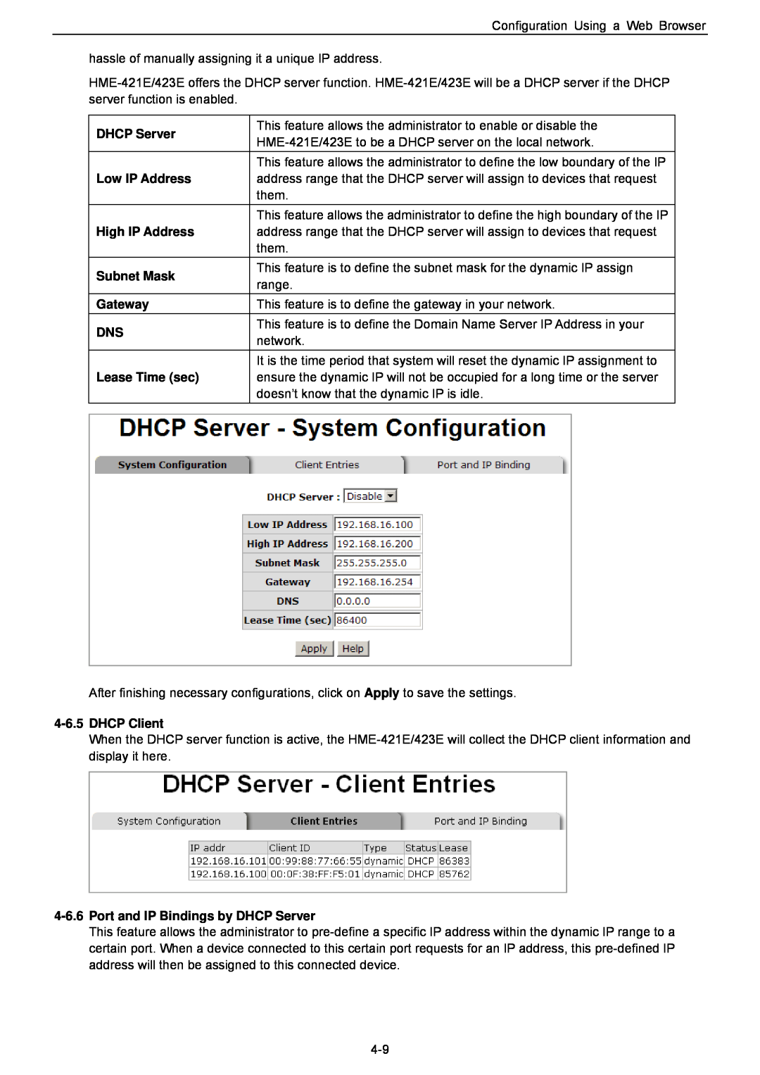 Husky HME-423E, HME-421E DHCP Server, Low IP Address, High IP Address, Subnet Mask, Gateway, Lease Time sec, DHCP Client 