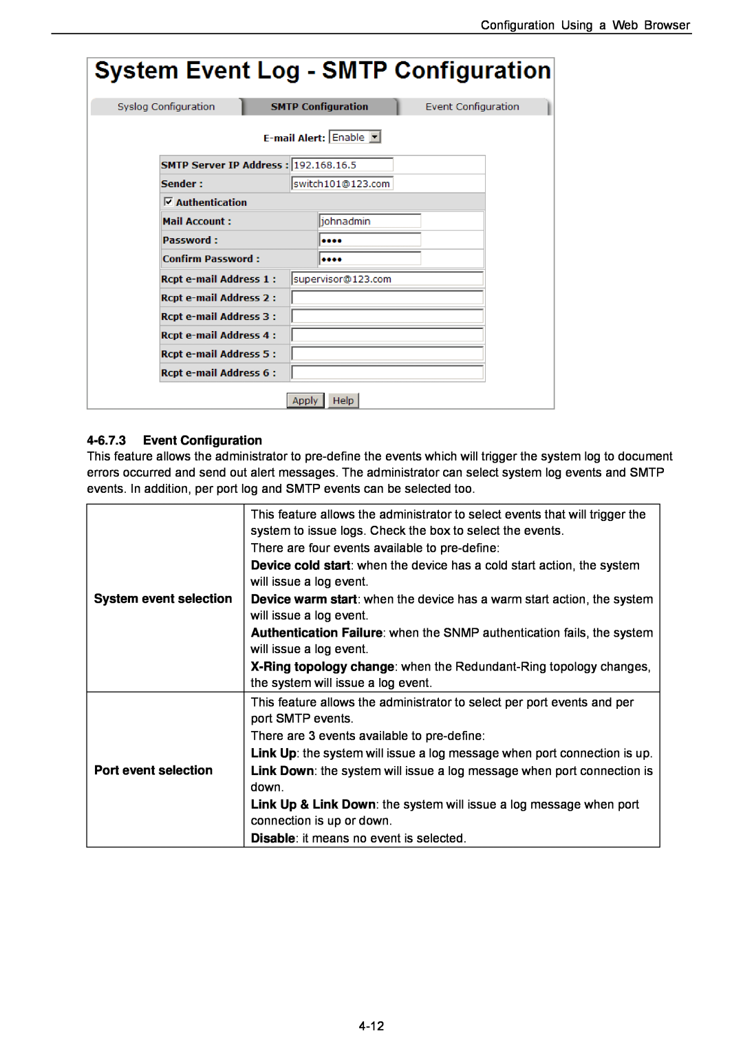 Husky HME-421E, HME-423E user manual Event Configuration, System event selection, Port event selection 