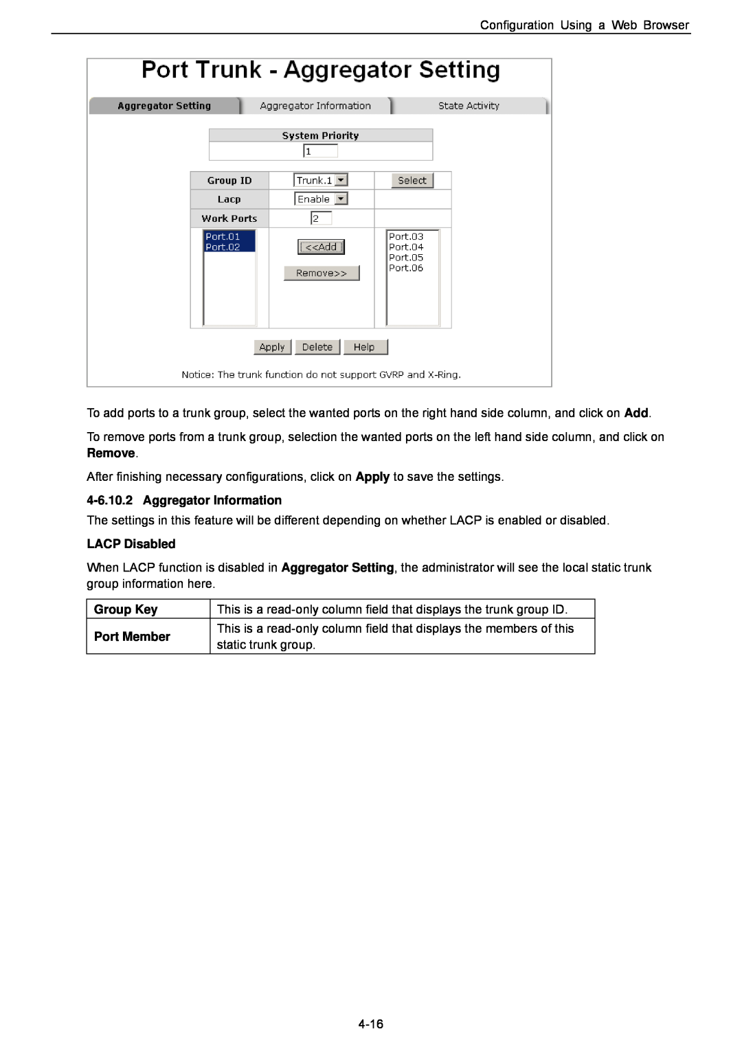 Husky HME-421E, HME-423E user manual Aggregator Information, LACP Disabled, Group Key, Port Member 