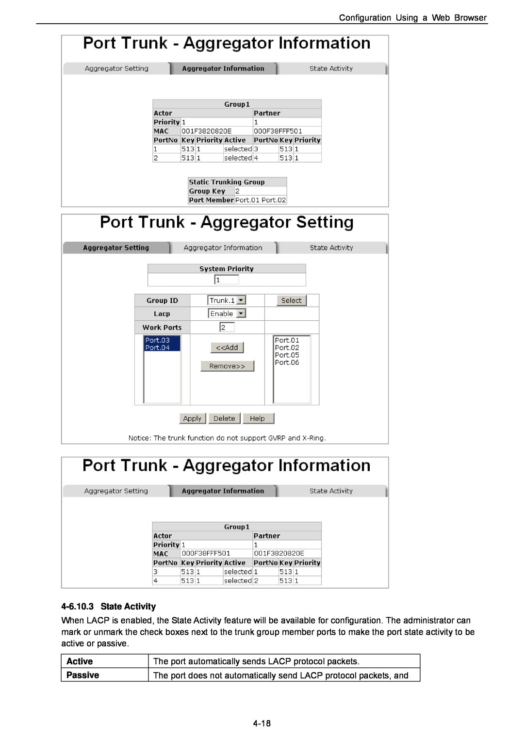 Husky HME-421E, HME-423E user manual State Activity, Active, The port automatically sends LACP protocol packets, Passive 