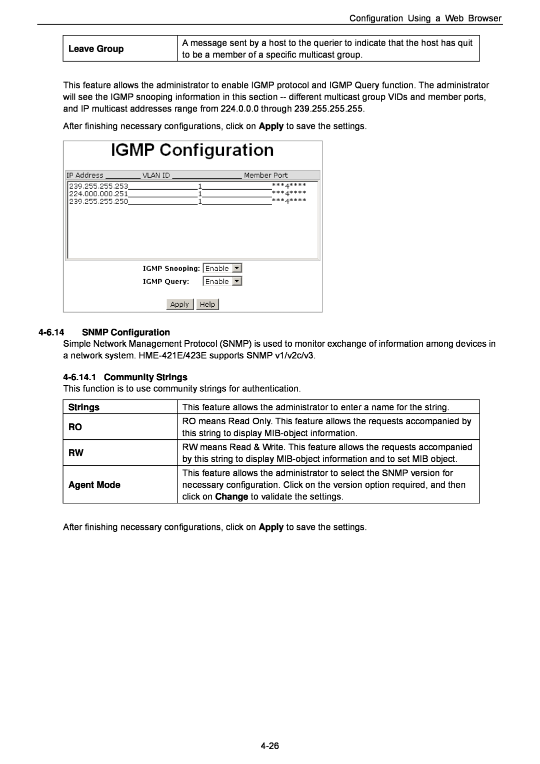 Husky HME-421E, HME-423E user manual Leave Group, SNMP Configuration, Community Strings, Agent Mode 