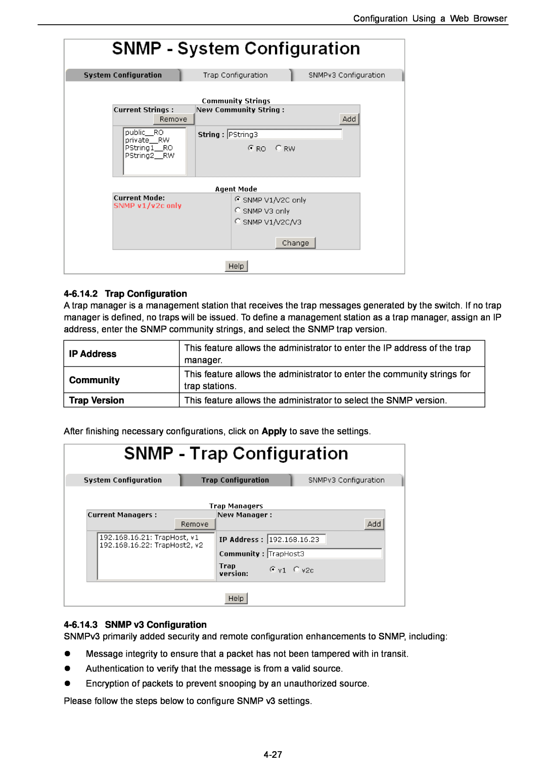 Husky HME-423E, HME-421E user manual Trap Configuration, IP Address, Community, Trap Version, SNMP v3 Configuration 