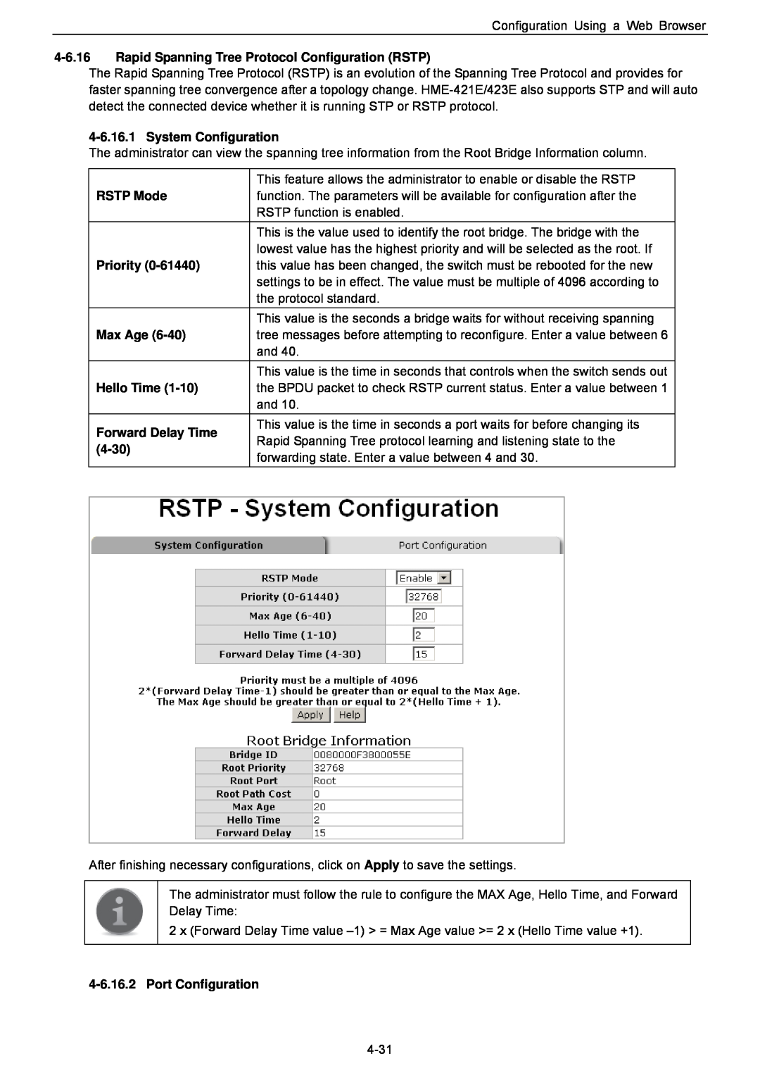 Husky HME-423E Rapid Spanning Tree Protocol Configuration RSTP, System Configuration, RSTP Mode, Priority, Max Age, 4-30 