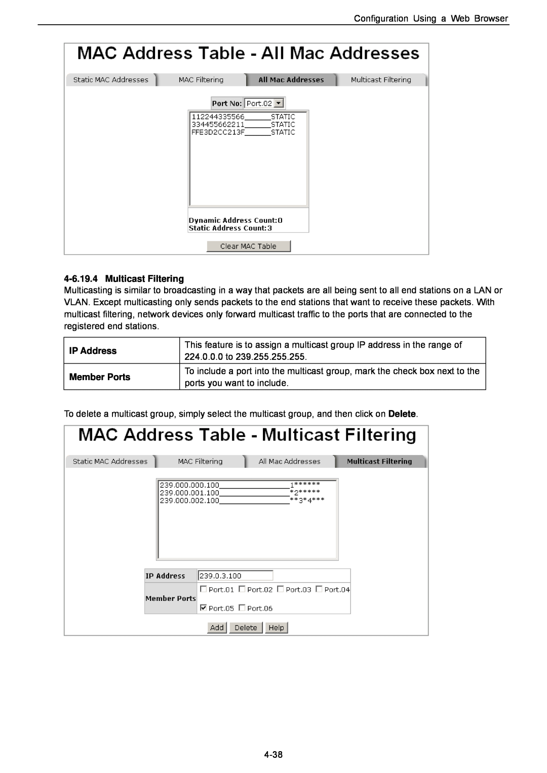 Husky HME-421E, HME-423E user manual Multicast Filtering, IP Address, Member Ports 
