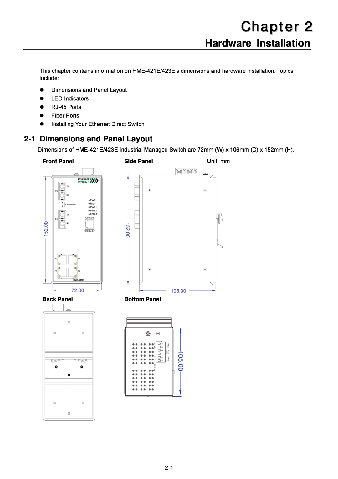 Husky HME-421E, HME-423E user manual Hardware Installation, Dimensions and Panel Layout, Chapter 