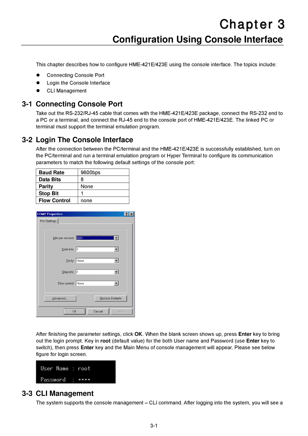 Husky HME-423E Configuration Using Console Interface, Connecting Console Port, Login The Console Interface, CLI Management 