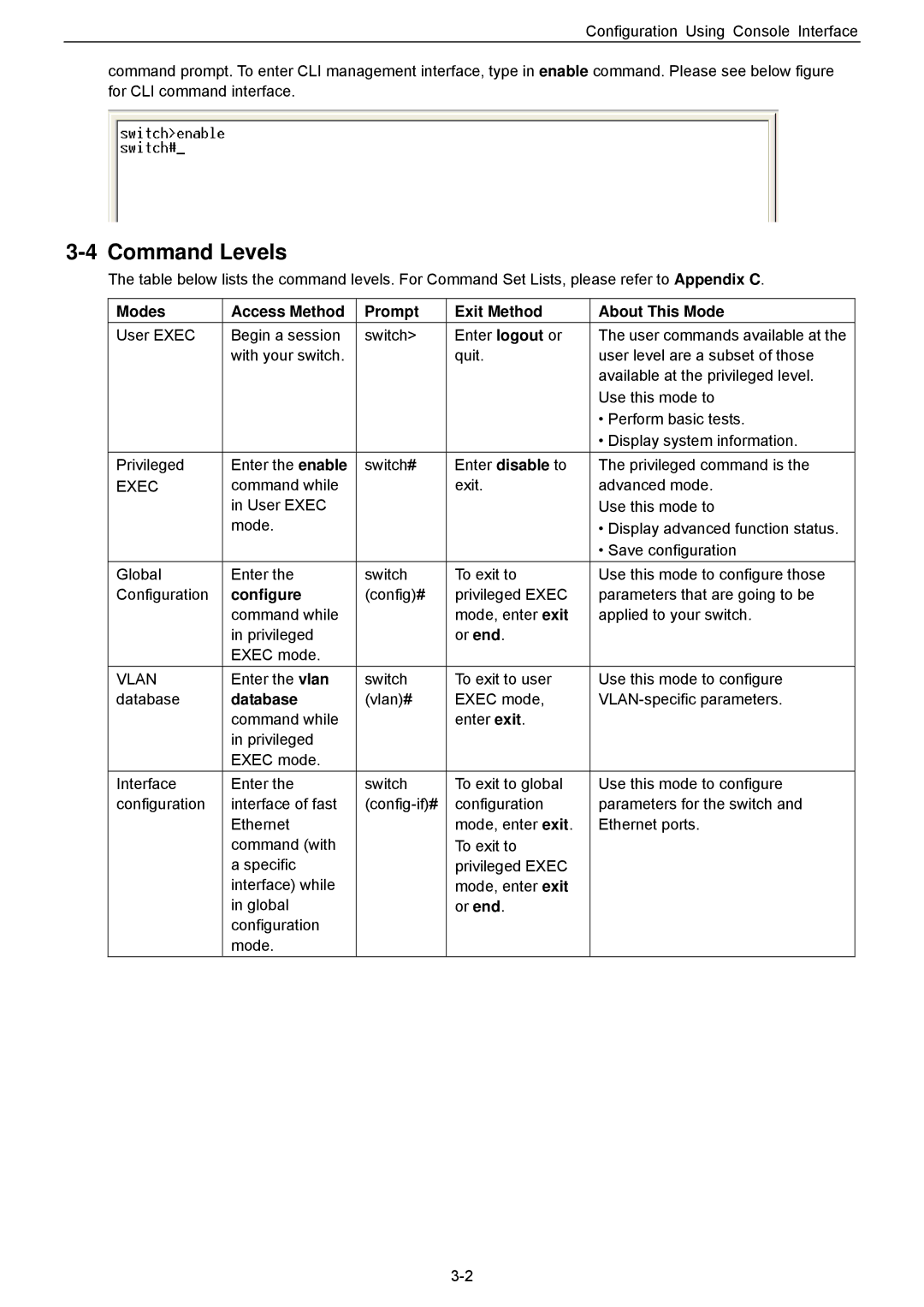 Husky HME-421E, HME-423E Command Levels, Modes Access Method Prompt Exit Method About This Mode, Configure, Database 