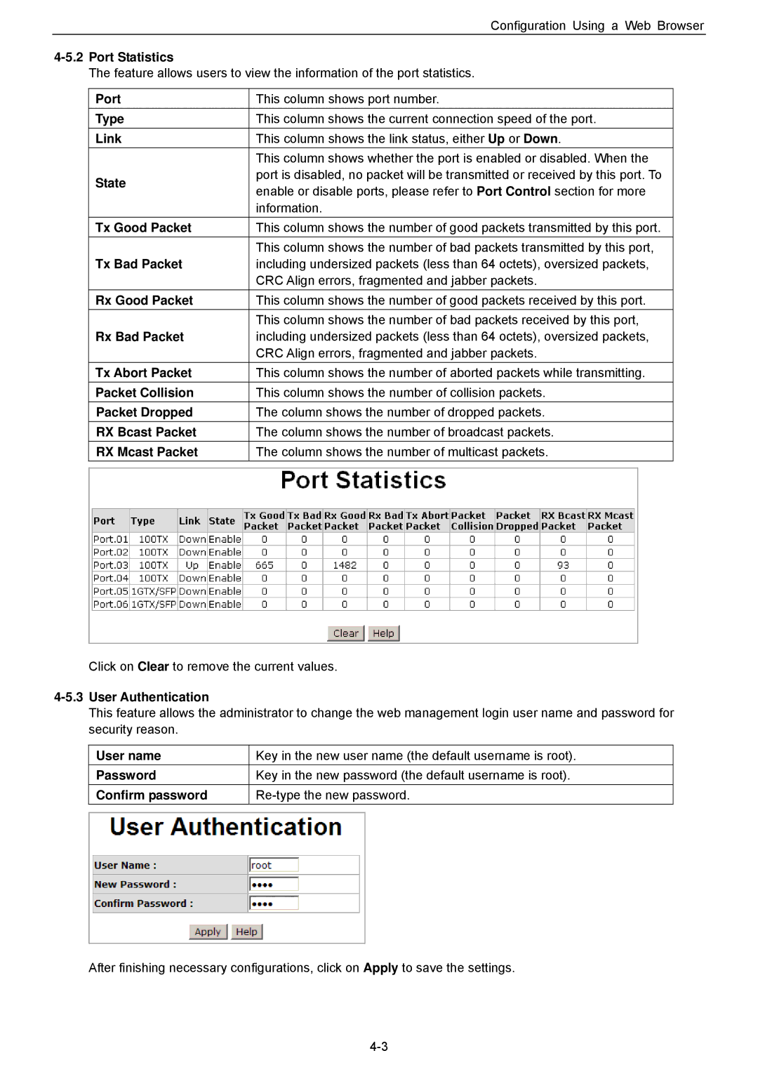 Husky HME-423E, HME-421E Port Statistics, Type, Link, State, Tx Good Packet, Tx Bad Packet, Rx Good Packet, Rx Bad Packet 