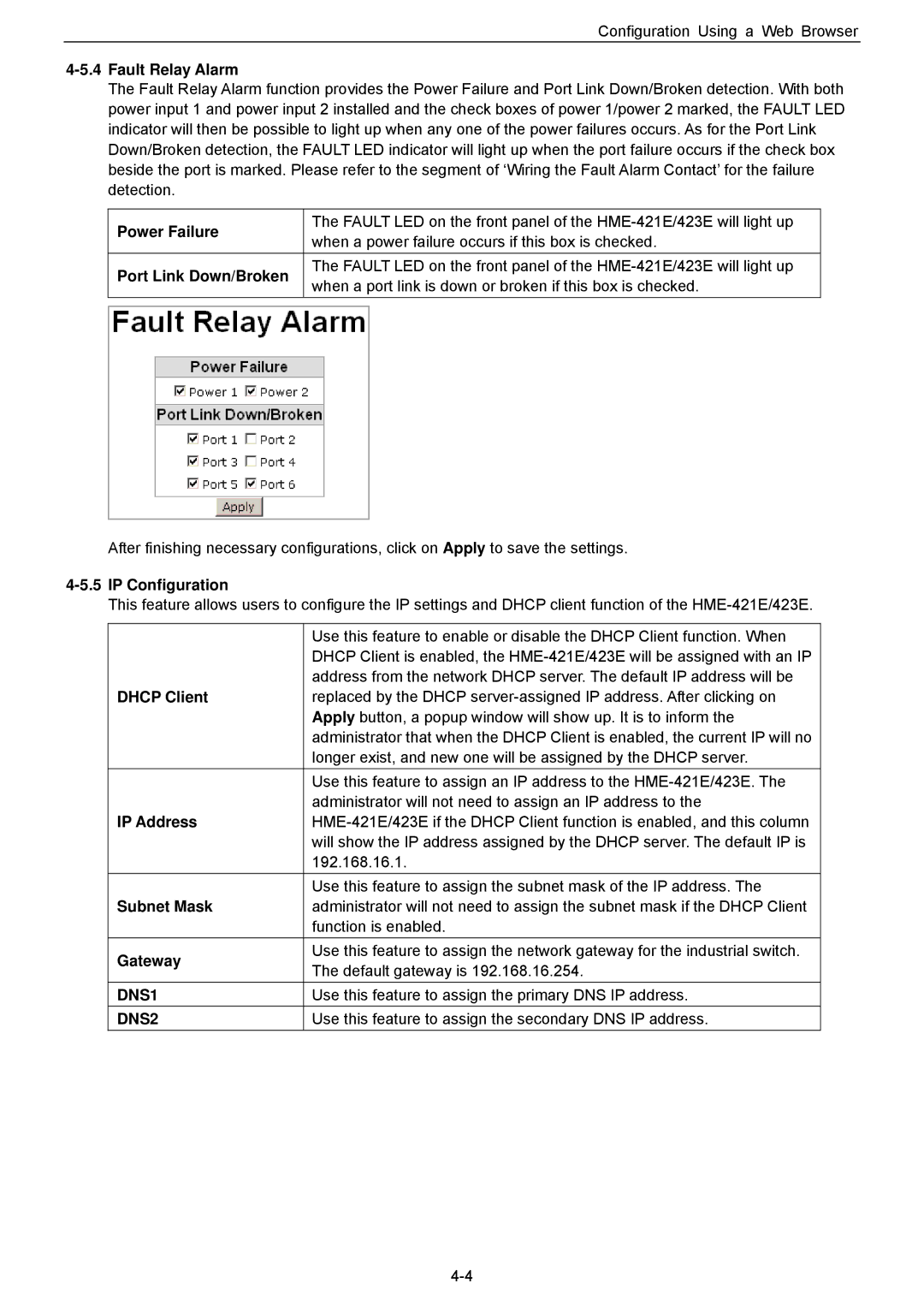 Husky HME-421E Fault Relay Alarm, Power Failure, Port Link Down/Broken, IP Configuration, Dhcp Client, IP Address, Gateway 