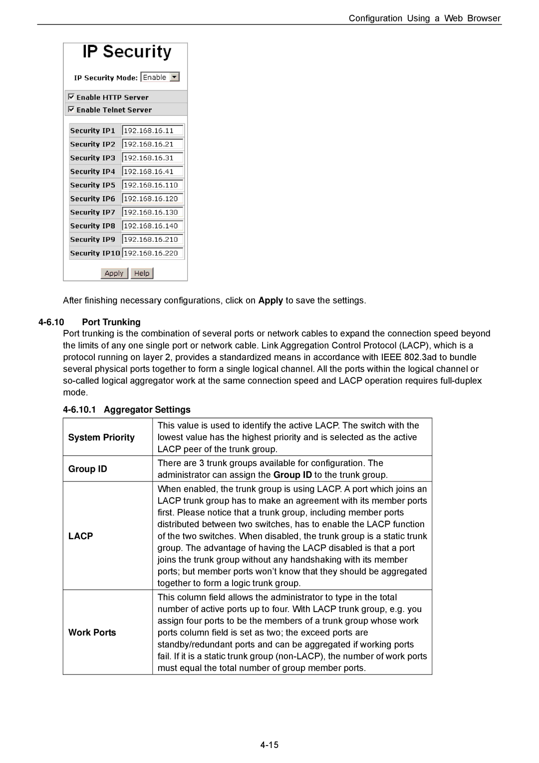 Husky HME-423E, HME-421E user manual Port Trunking, Aggregator Settings, System Priority, Group ID, Work Ports 