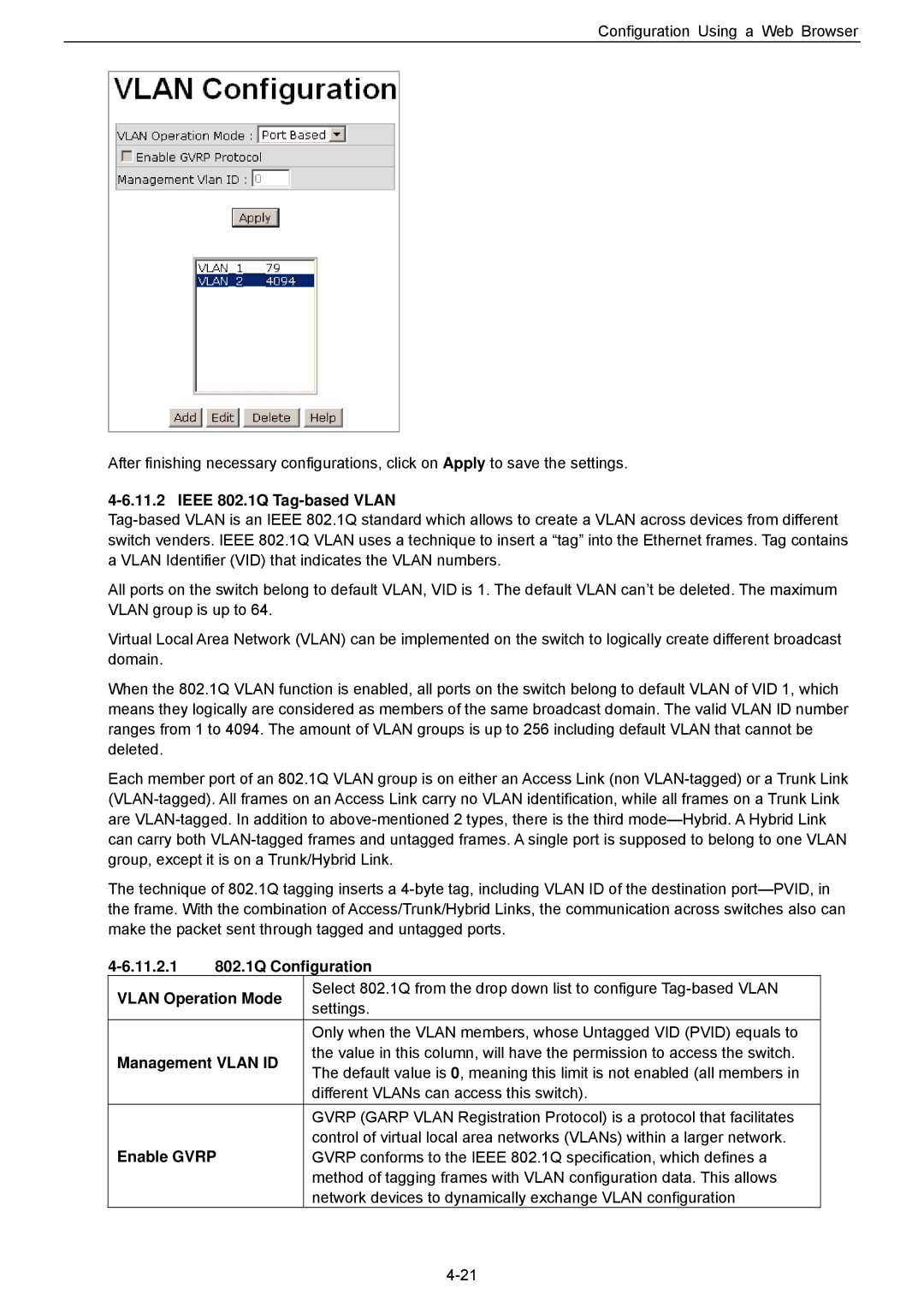 Husky HME-423E, HME-421E Ieee 802.1Q Tag-based Vlan, 11.2.1 802.1Q Configuration Vlan Operation Mode, Management Vlan ID 