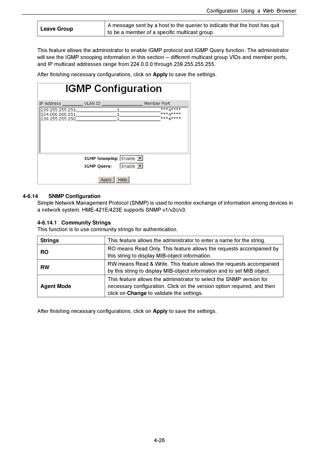 Husky HME-421E, HME-423E user manual Leave Group, Snmp Configuration, Community Strings, Agent Mode 