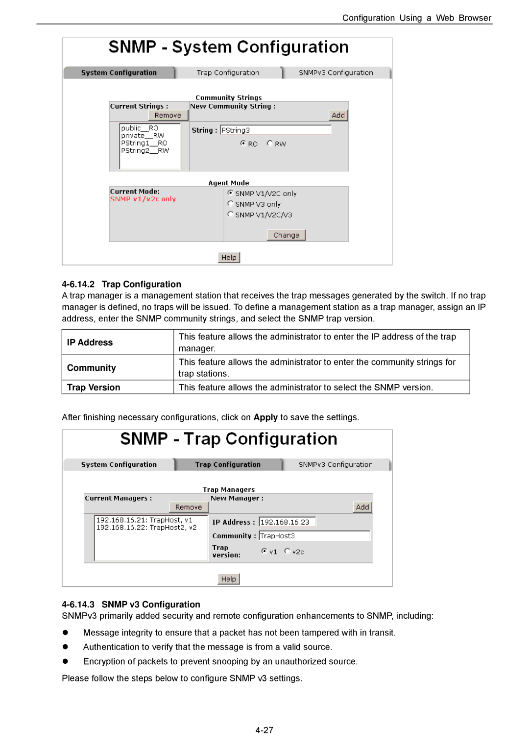 Husky HME-423E, HME-421E user manual Trap Configuration, Community, Trap Version, Snmp v3 Configuration 