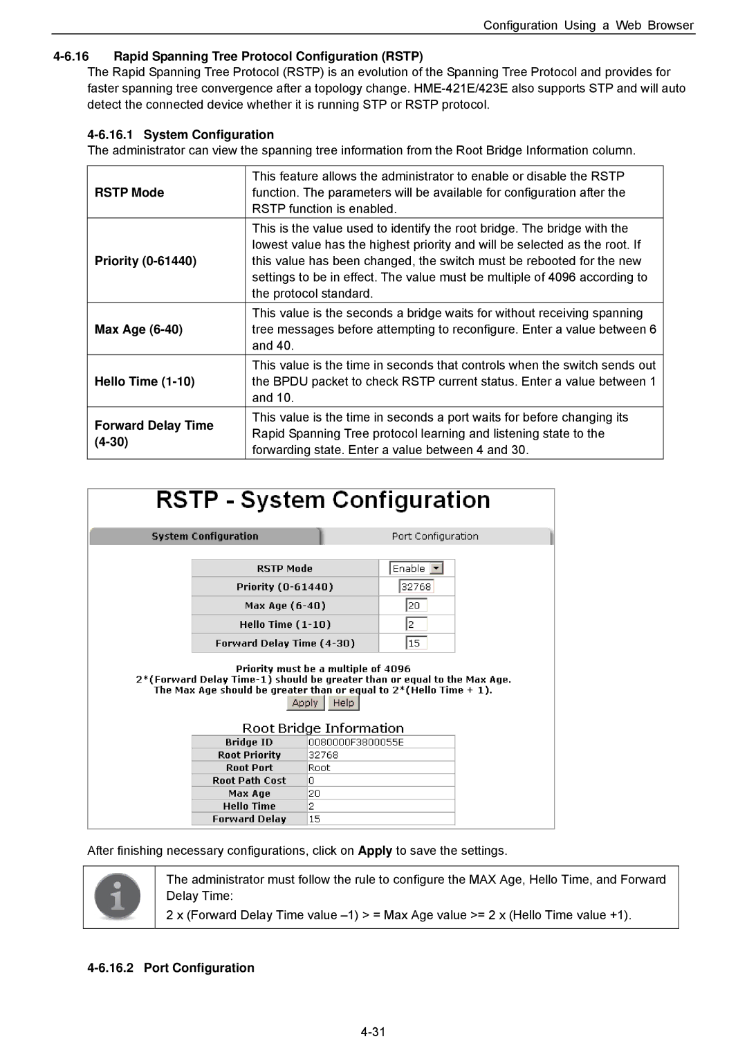 Husky HME-423E Rapid Spanning Tree Protocol Configuration Rstp, System Configuration, Rstp Mode, Priority, Max Age 