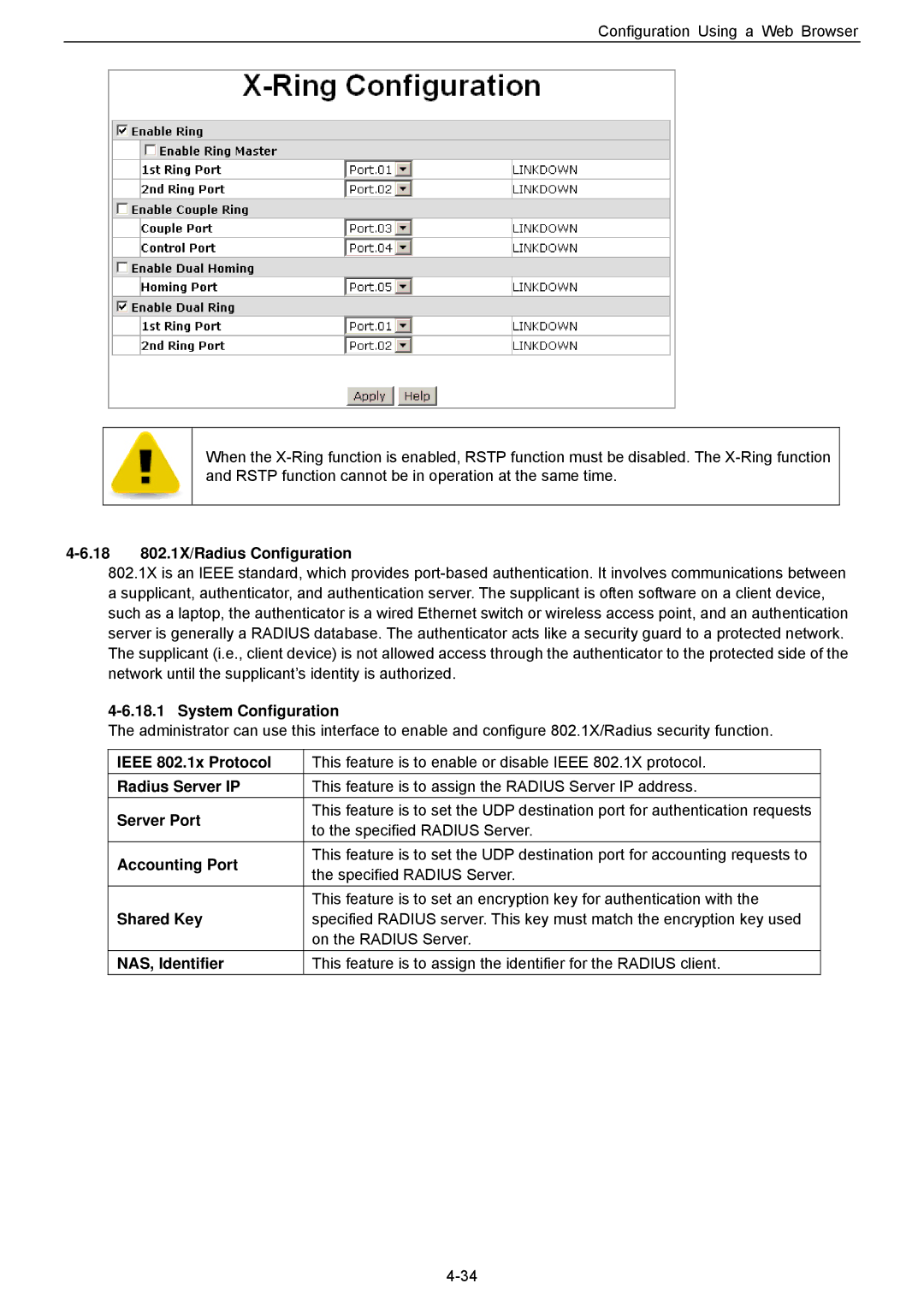 Husky HME-421E 18 802.1X/Radius Configuration, Ieee 802.1x Protocol, Radius Server IP, Server Port, Accounting Port 