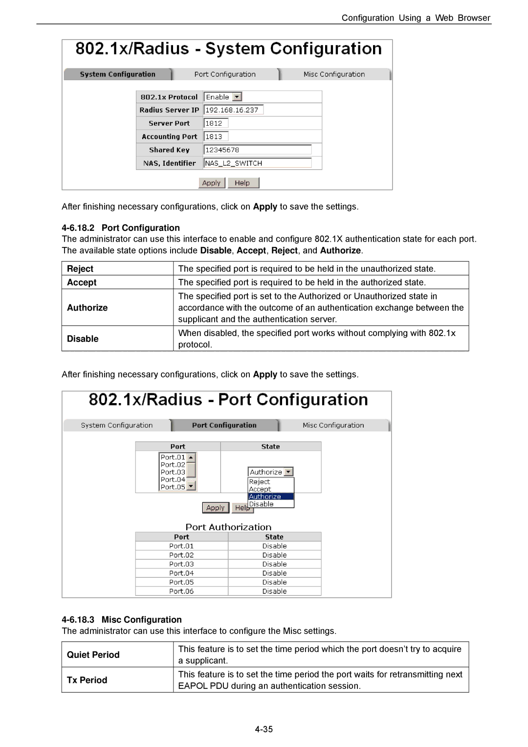 Husky HME-423E, HME-421E user manual Reject, Accept, Authorize, Disable, Misc Configuration, Quiet Period, Tx Period 