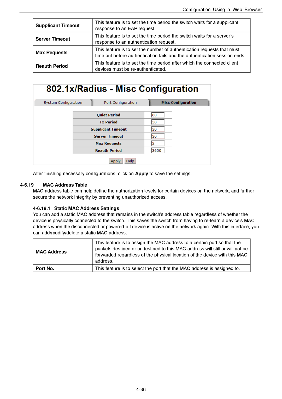 Husky HME-421E, HME-423E Supplicant Timeout, Server Timeout, Max Requests, Reauth Period, MAC Address Table, Port No 