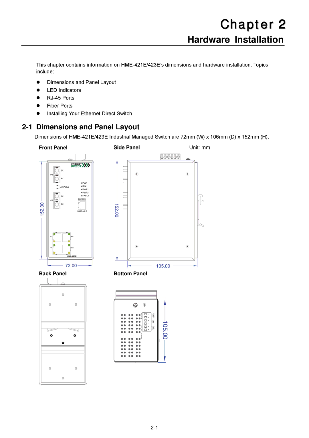 Husky HME-421E Hardware Installation, Dimensions and Panel Layout, Front Panel Side Panel, Back Panel Bottom Panel 