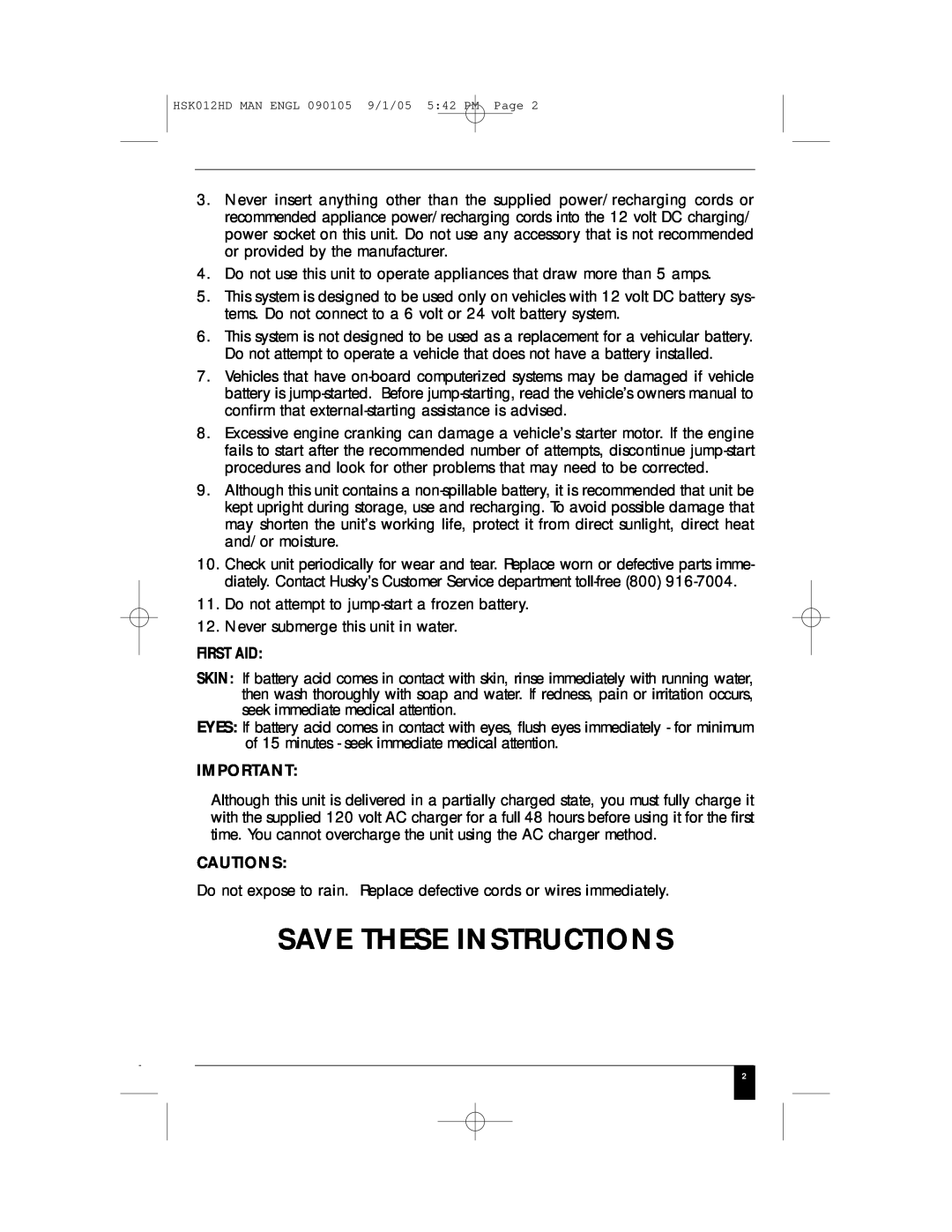 Husky HSK012HD manual First Aid, Save These Instructions, Cautions 