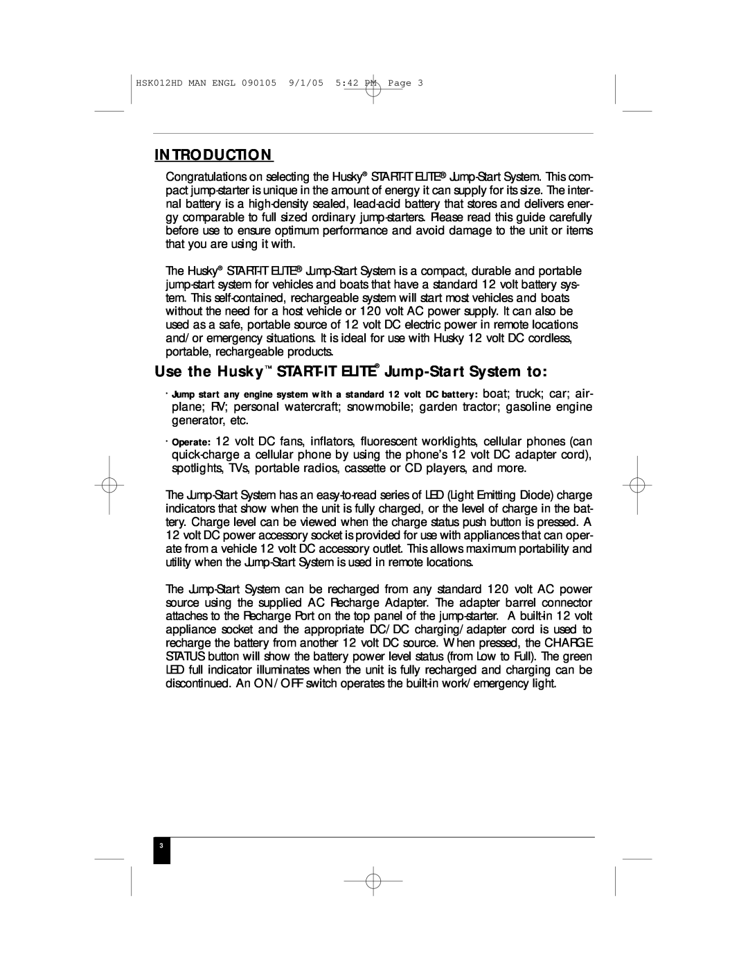Husky HSK012HD manual Introduction, Use the Husky START-IT ELITE Jump-Start System to 