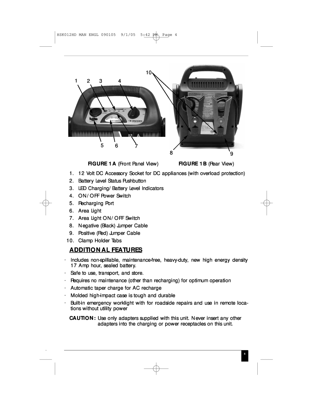 Husky HSK012HD manual Additional Features, A Front Panel View, B Rear View 