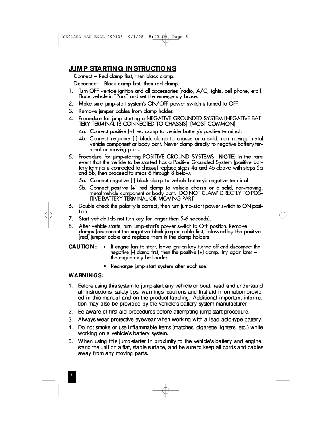 Husky HSK012HD manual Jump Starting Instructions, Warnings 