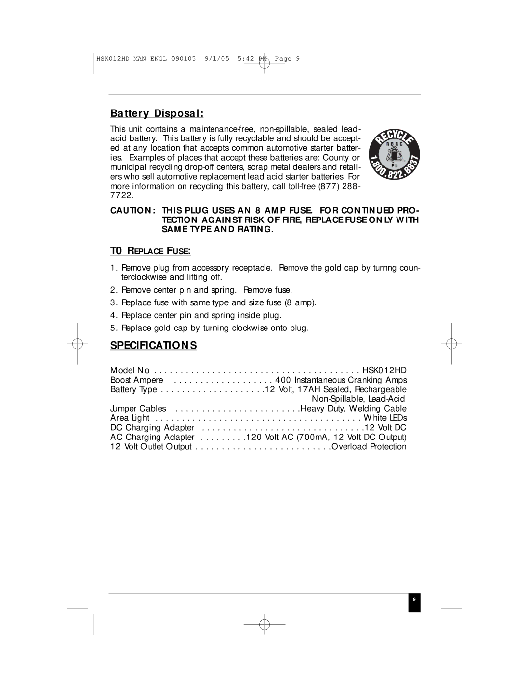 Husky HSK012HD manual Battery Disposal, Specifications 