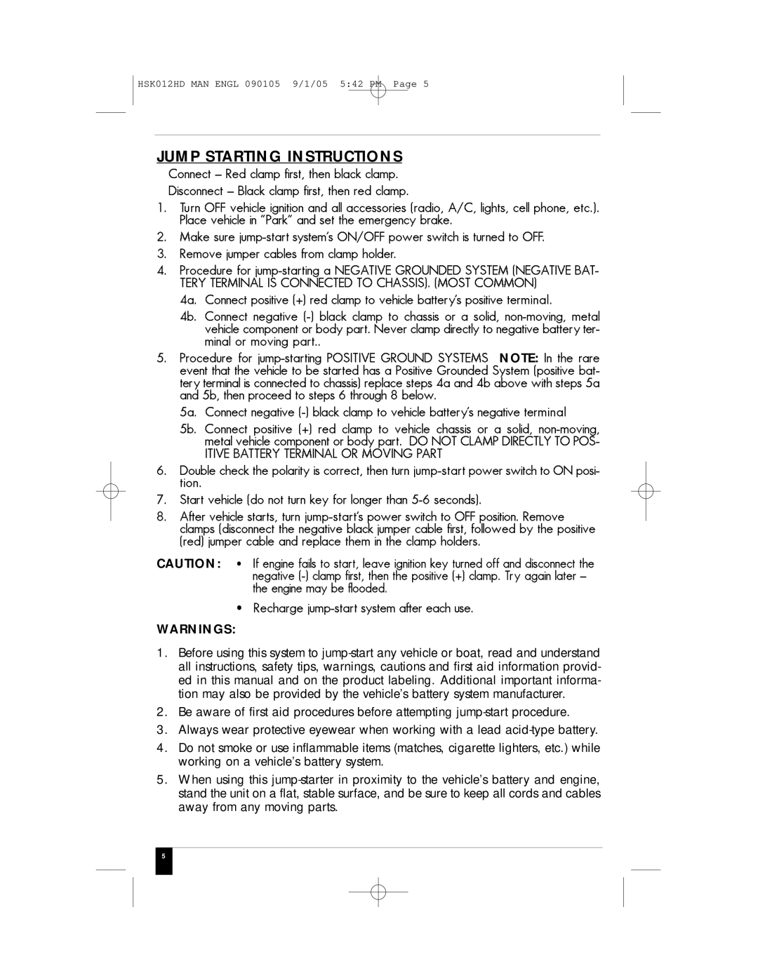 Husky HSK012HD manual Jump Starting Instructions 