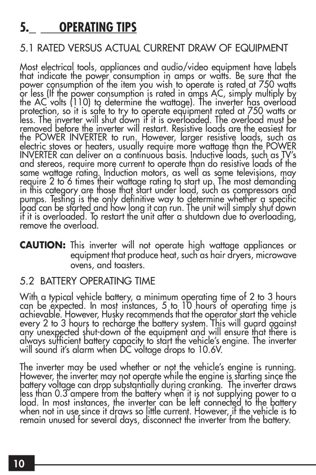 Husky HSK043HD owner manual Operating Tips, Rated Versus Actual Current Draw of Equipment, Battery Operating Time 