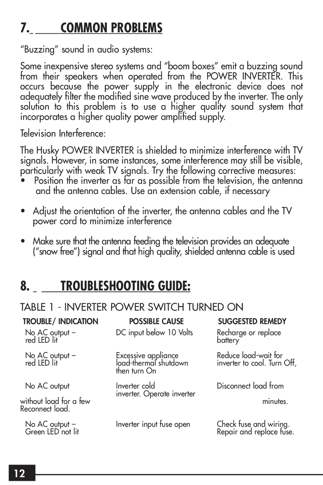 Husky HSK043HD owner manual Common Problems, Troubleshooting Guide, Inverter Power Switch Turned on 