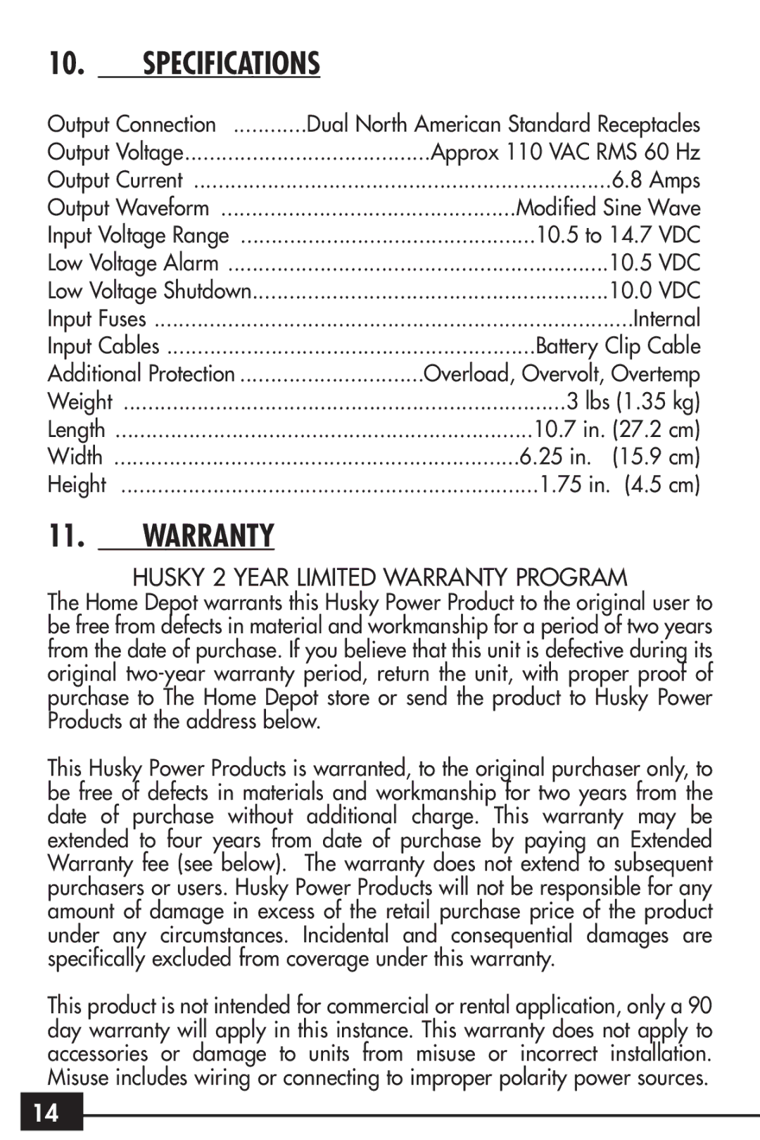 Husky HSK043HD owner manual Specifications, Husky 2 Year Limited Warranty Program 